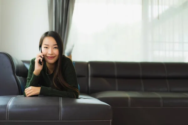 Portrait Beautiful Young Asian Woman Use Smart Mobile Phone Cellphone — Stock Photo, Image