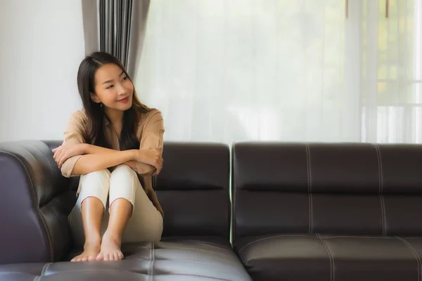 Portrait Beautiful Young Asian Woman Happy Smile Relax Sofa Living — Stock Photo, Image