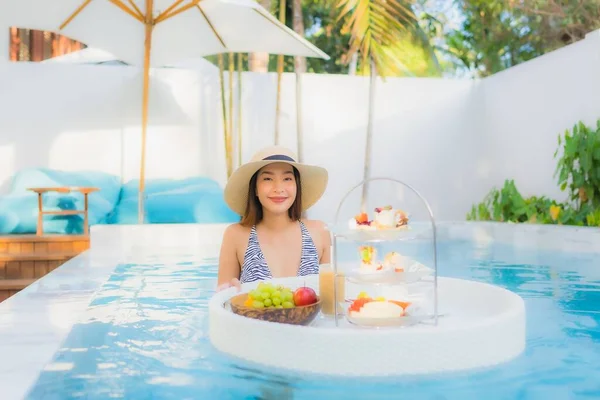 Portrait Beautiful Young Asian Woman Enjoy Afternoon Tea Breakfast Floating — Stock Photo, Image