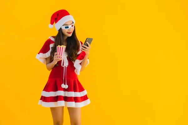 Portrait Beautiful Young Asian Woman Wear Christmas Clothes Hat Popcorn — Stock Photo, Image