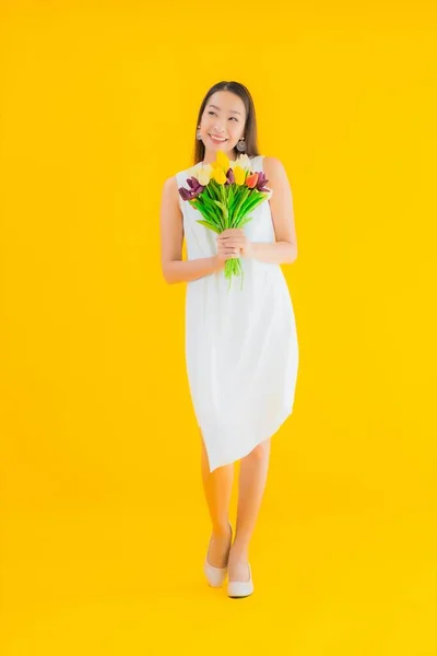 Portrait Beautiful Young Asian Woman Flower Yellow Isolated Background — Stock Photo, Image