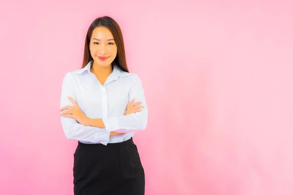 Portrait Beautiful Young Business Asian Woman Action Pink Isolated Background — Stock Photo, Image
