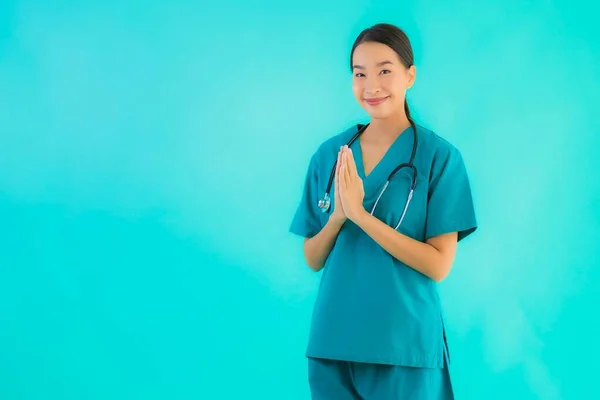 Porträt Schöne Junge Asiatische Ärztin Glücklich Lächeln Mit Sawasdee Für — Stockfoto