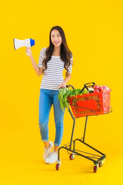 Retrato Hermosa Joven Mujer Asiática Con Carrito Cesta Compra Megáfono —  Fotos de Stock
