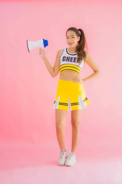 Portrait Beautiful Young Asian Woman Cheerleader Megaphone Pink Isolated Background — Stock Photo, Image