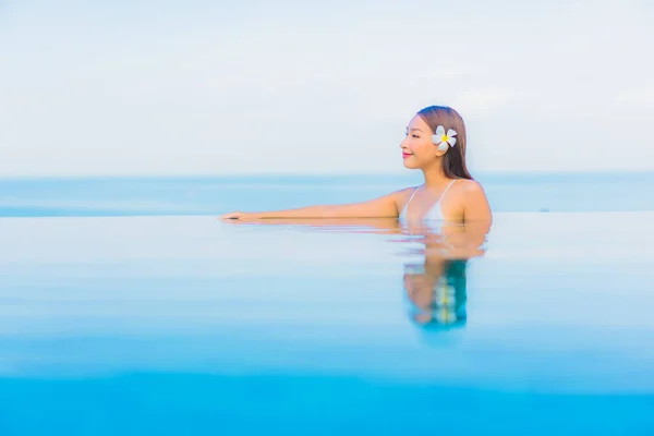 Portrait Beautiful Young Asian Woman Relax Smile Outdoor Swimming Pool — Stock Photo, Image