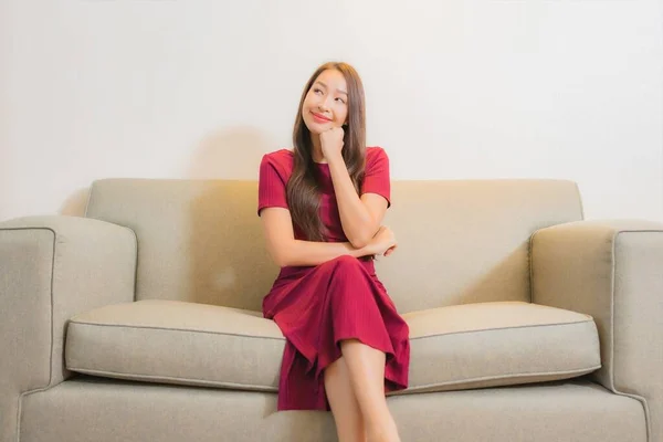 Portrait Beautiful Young Asian Woman Relax Sofa Living Room Interior — Stock Photo, Image