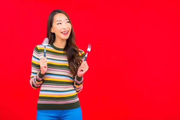 Portret Mooie Jonge Aziatische Vrouw Klaar Eten Met Lepel Vork — Stockfoto