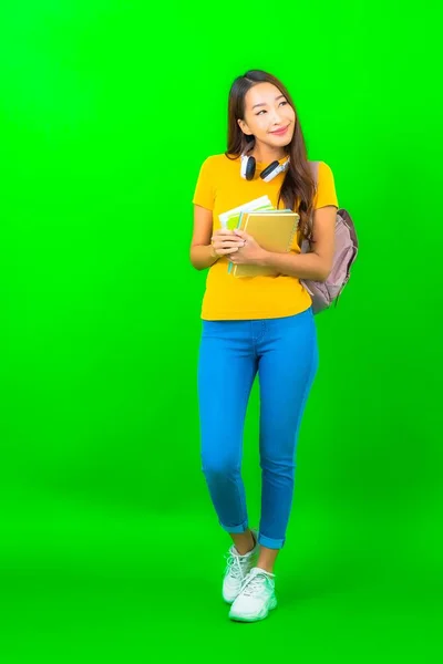 Portret Mooie Jonge Student Aziatische Vrouw Met Boek Telefoon Koptelefoon — Stockfoto
