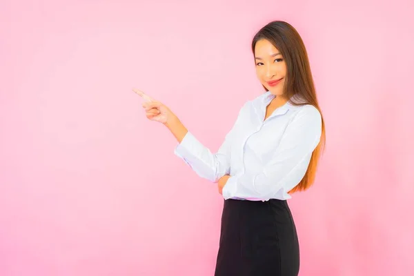Portrait Beautiful Young Business Asian Woman Action Pink Isolated Background — Stock Photo, Image