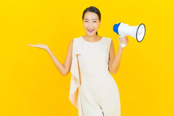 Portrait Beautiful Young Asian Woman Smile Megaphone Yellow Color Background — Stock Photo, Image