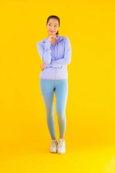 Portrait Beautiful Young Asian Sport Woman Sportwear Ready Exercise Yellow — Stock Photo, Image