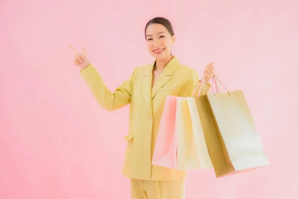 Portrait Beautiful Young Asian Business Woman Shopping Bag Color Isolated — Stock Photo, Image