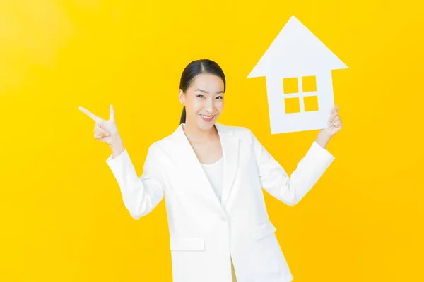 Portrait Beautiful Young Asian Woman House Home Paper Sign Color — Stock Photo, Image