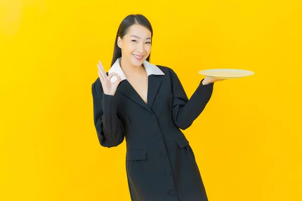 Portrait Beautiful Young Asian Woman Smile Empty Plate Dish Color — Stock Photo, Image