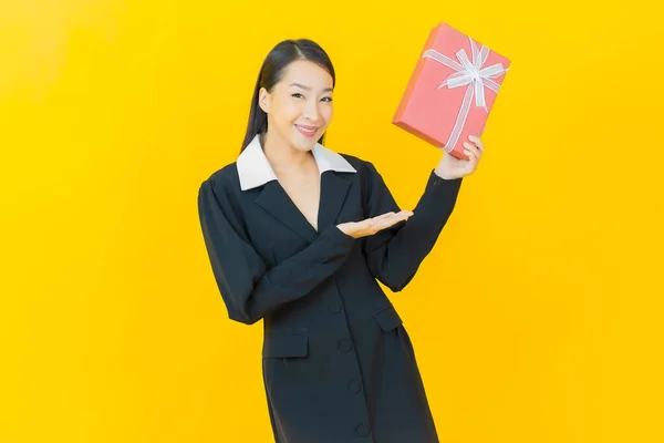 Portrait Beautiful Young Asian Woman Smile Red Gift Box Color — Stock Photo, Image