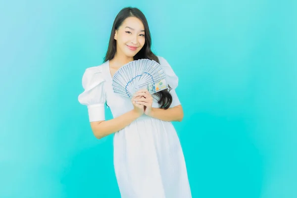 Portret Mooie Jonge Aziatische Vrouw Glimlach Met Veel Geld Geld — Stockfoto