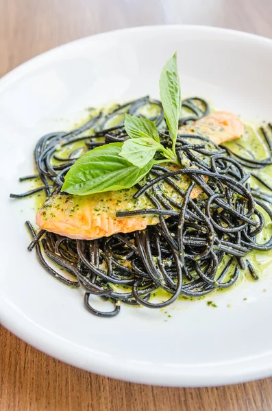 Salmon black pasta — Stock Photo, Image