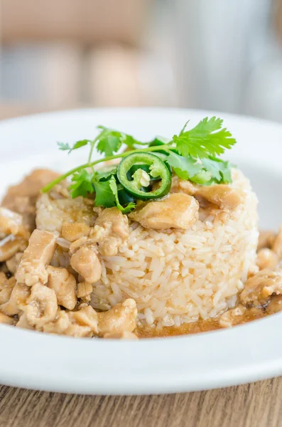 Pollo con salsa marrón sobre arroz — Foto de Stock
