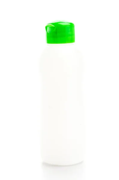 Frasco de plástico isolado fundo branco — Fotografia de Stock