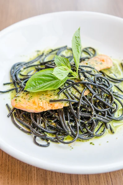 Salmon black pasta — Stock Photo, Image