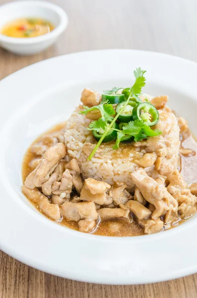 Chicken with brown sauce on rice — Stock Photo, Image