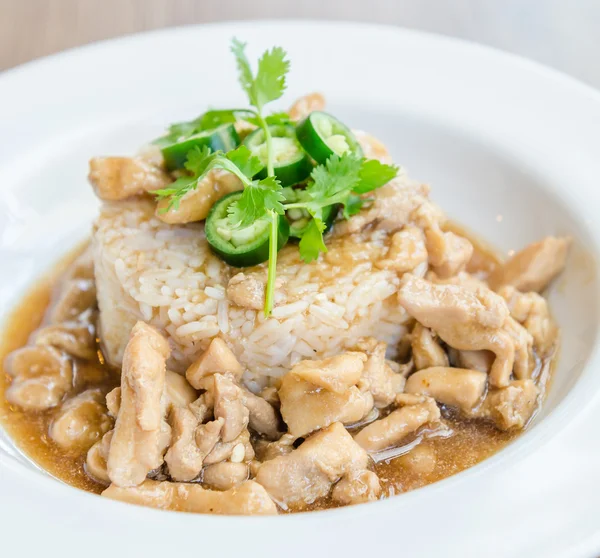 Chicken with brown sauce on rice — Stock Photo, Image