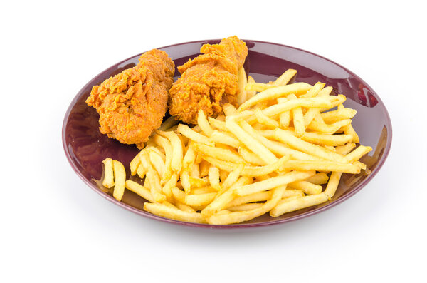 French fries and fried chicken isolated white background