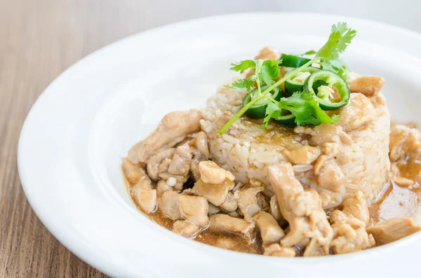 Poulet à la sauce brune sur riz — Photo