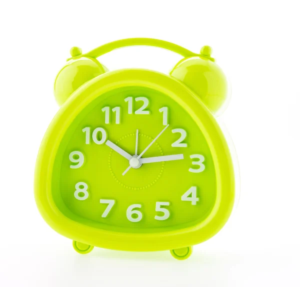 Reloj despertador verde aislado sobre fondo blanco — Foto de Stock