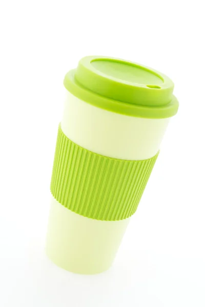 Green plastic coffee mug isolated on white background — Stock Photo, Image