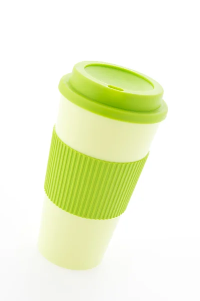 Green plastic coffee mug isolated on white background — Stock Photo, Image
