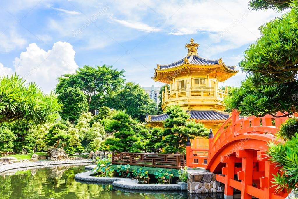 Gold Chinese pavilion at the park of Hong Kong 
