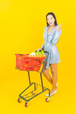 Asyalı güzel bir kadının portresi. Sarı arka planda süpermarketten alınmış alışveriş sepetiyle gülümsüyor.