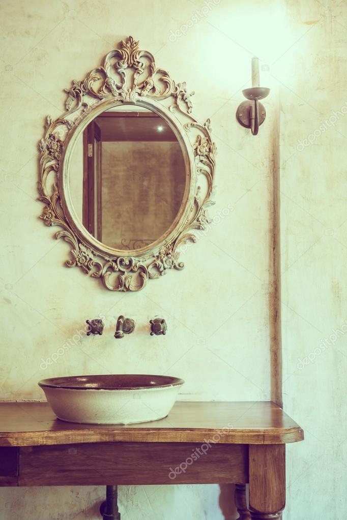 Vintage Bathroom With Faucet And Mirror Stock Photo By Mrsiraphol 96830220 Vintage Bathroom With Faucet And Mirror, Antique Vintage Bathroom Mirror