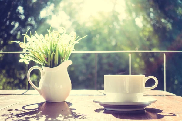 Tazza di caffè bianco e pianta vaso — Foto Stock