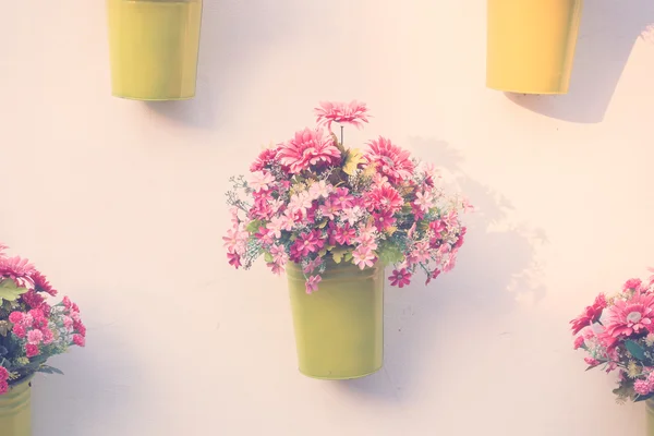 Vasos com flores na parede — Fotografia de Stock