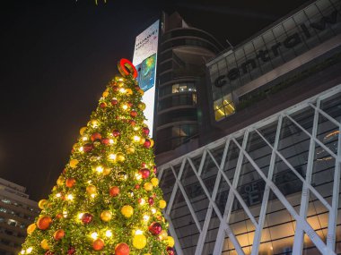 Bangkok/Thailand - 13 December 2018: Christmas Tree in front of Central world deparment store with Tourist walking in Christmas eve day.bangkok City thailand
