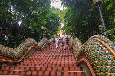 Chiang Mai / Tayland - 16 Temmuz 2016: Doi Suthep 'in Tayland' daki Meçhul Turist ile merdivenleri. Wat Phra Doi Suthep, Chiang Mai halkının en önemli tapınağıdır.