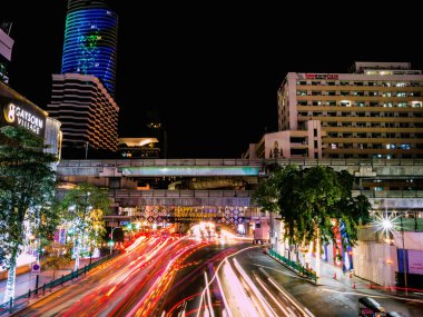 Bangkok/Thailand - 13 December 2018: Rama one Road Between Central world Department store and gaysorn department store with the Beautiful Traffic light in the night at bangkok city Thailand.