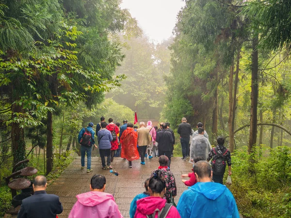 zhangjiajie / Çin - 14 Ekim 2018: Wulingyuan İlçesi Zhangjiajie Şehri Çin 'deki Zhangjiajie Ulusal Orman Parkı' nda Tianzi Dağı 'nda Tanışmamış Turistler Yürüyüş.