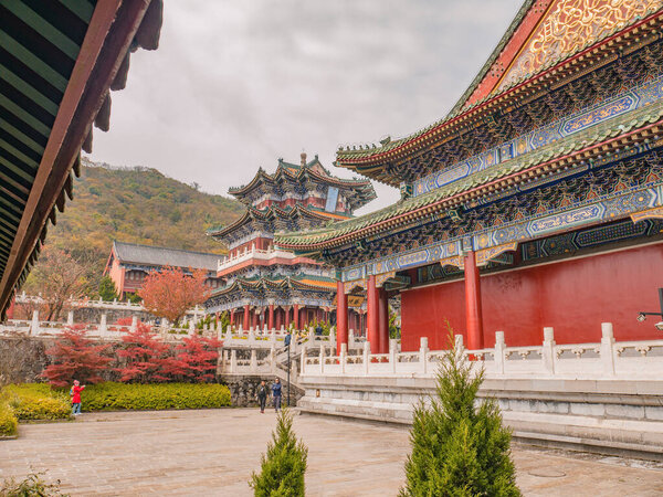 zhangjiajie/China - 15 October 2018:Ancient Chinese Style Temple Building in Tianmen mountain Temple on Tianmen mountain at zhangjiajie city China.Landmark of Hunan zhangjiajie