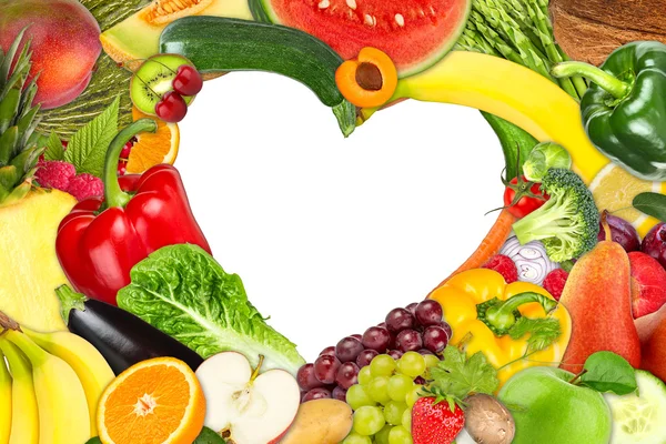 Quadro em forma de coração de frutas e vegetais — Fotografia de Stock