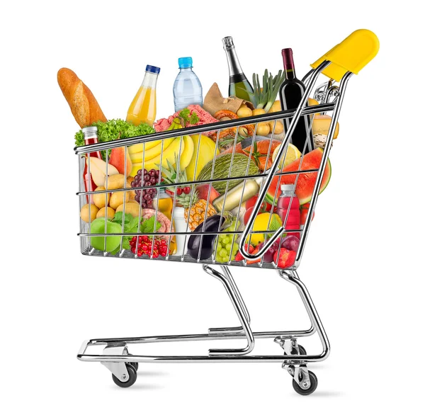 Izolované nákupní vozík plný potravin — Stock fotografie