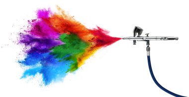 professional chrome metal airbrush acrylic color paint gun tool with colorful rainbow spray holi powder cloud explosion isolated on white panorama background. industry art scale model modelling concept clipart