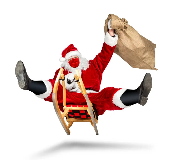 Szalony Święty Mikołaj Covid Koronawirus Twarz Maska Oddychająca Jego Sanie — Zdjęcie stockowe