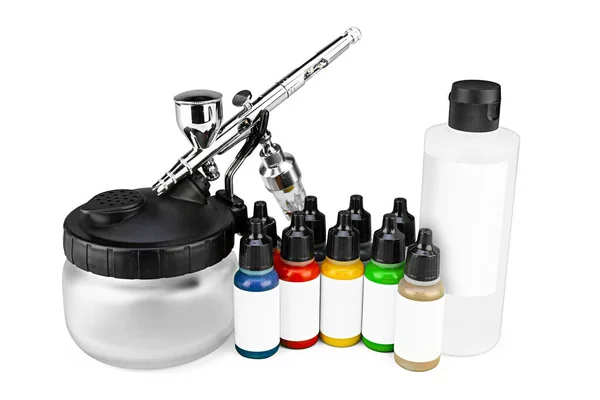 Professional Airbrush Starter Set Equipment Chrome Metal Gun Acrylic Paint — Stock Photo, Image