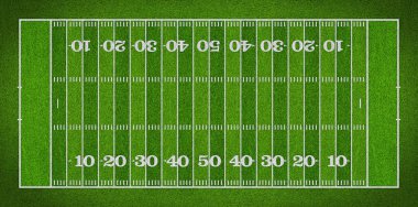 Standart büyüklükte boş Amerikan futbol sahası manzarası. Gerçek yeşil çimen ve fotokopi alanı var. Takım sporları yarışması geçmişi