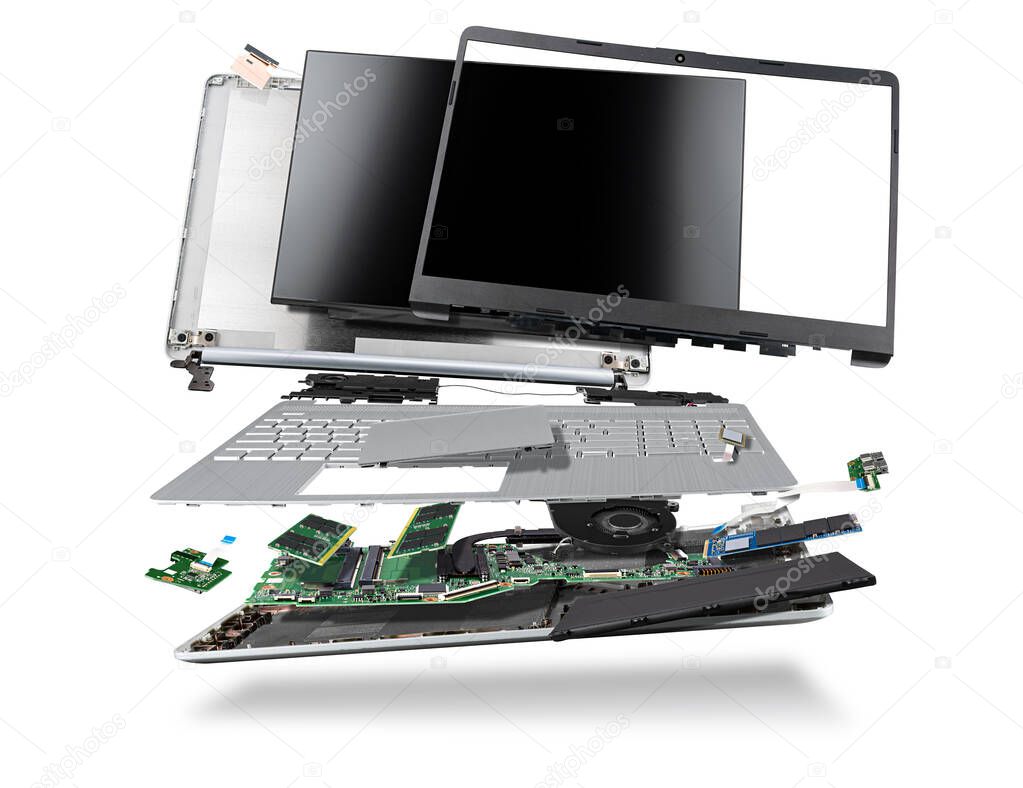 flying parts of a notebook computer. hardware components mainboard cpu processor display RAM cables and cooling fan flying out of silver laptop PC case isolated on white exploded view background