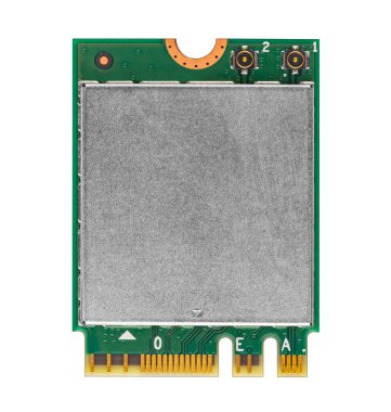 Beyaz arkaplanda izole edilmiş dizüstü bilgisayar için yeşil modern hızlı kablosuz LAN modül çip kartı. pc donanım teknolojisi kavramı.
